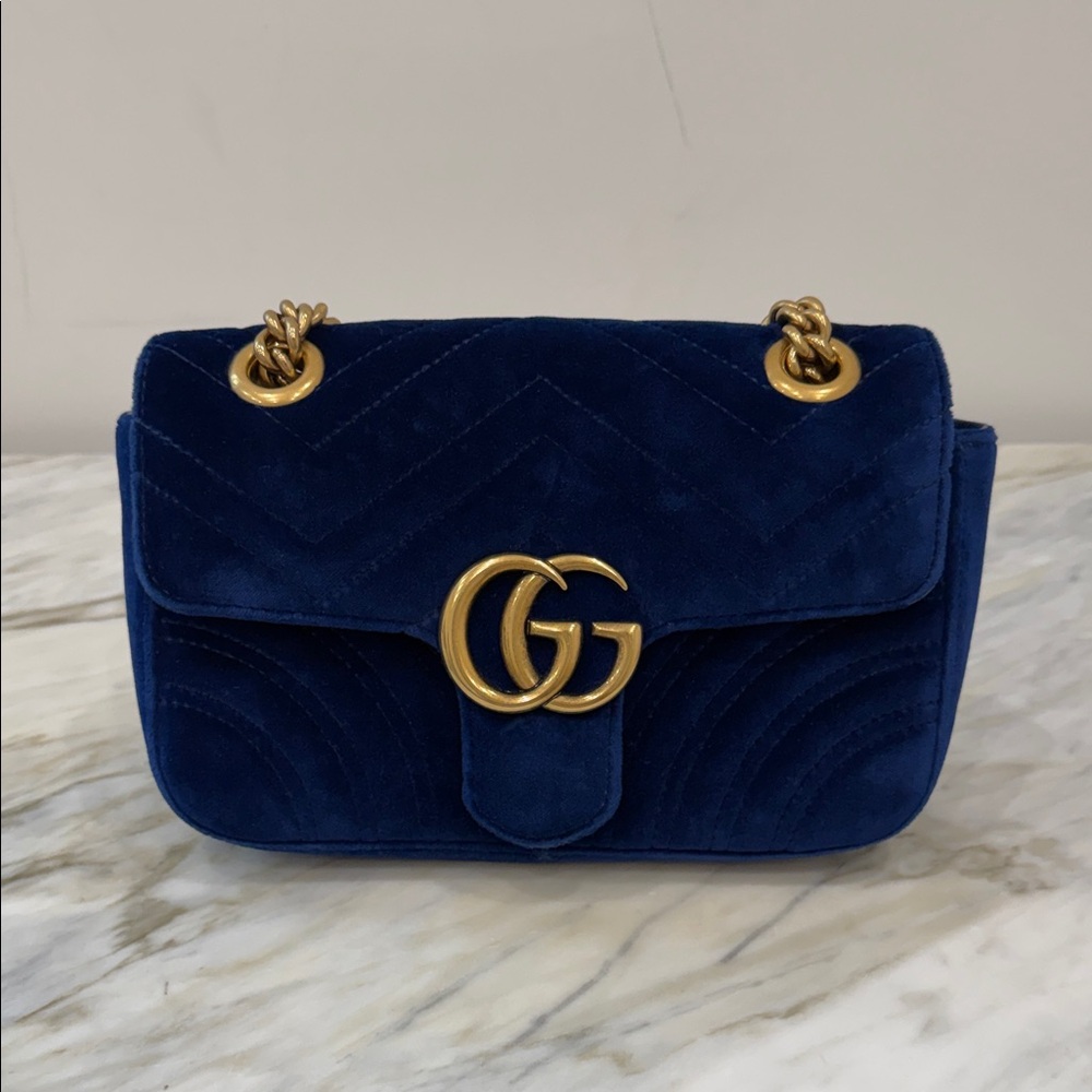 Gucci Royal Blue Velvet Shoulder Bag with Gold Hardware